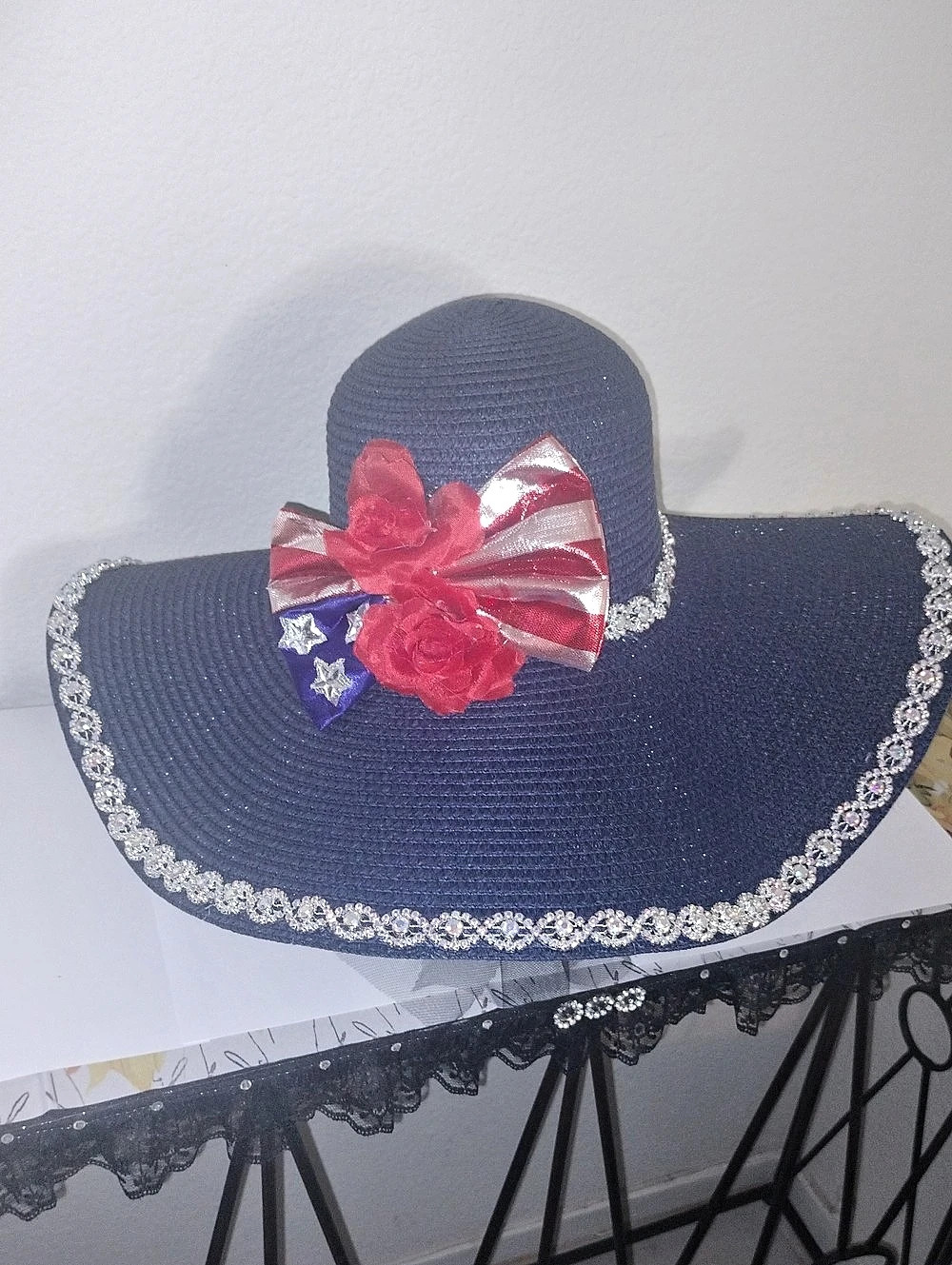 Red white and Blue Wide Brim Hat with bowtie and crystal accents